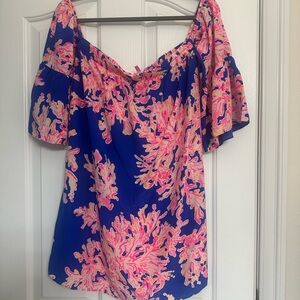 Lilly Pulitzer Coral Print Off-Shoulder Top - Blue and Pink